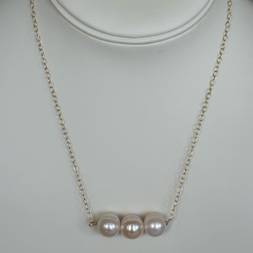 Three 11mm Cultured White Pearls - 14K Gold Filled Chain - 16 1/2 Inches